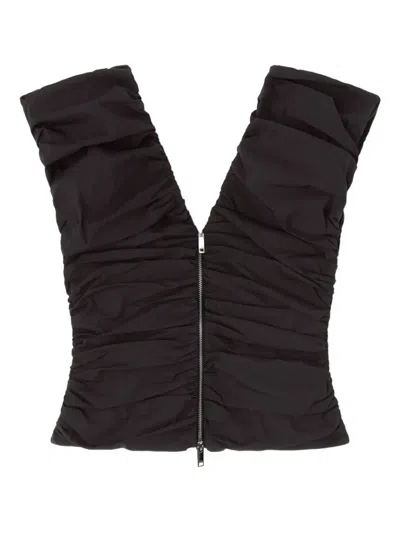 Ganni Ruched Zip Blouse In Black