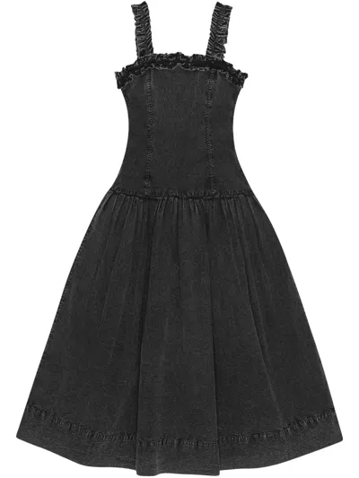 Ganni Ruffle-detail Midi Dress In Black
