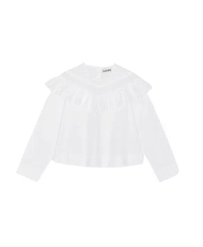 Ganni Ruffle-detail Organic Cotton Blouse In White