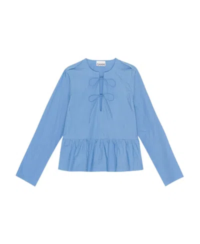 Ganni Long Sleeve Blue Cotton Poplin Tie String Peplum Blouse