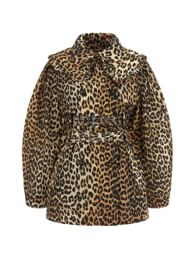 Ganni Printed Duchesse Nylon Short Trench Coats Animalier In Multi