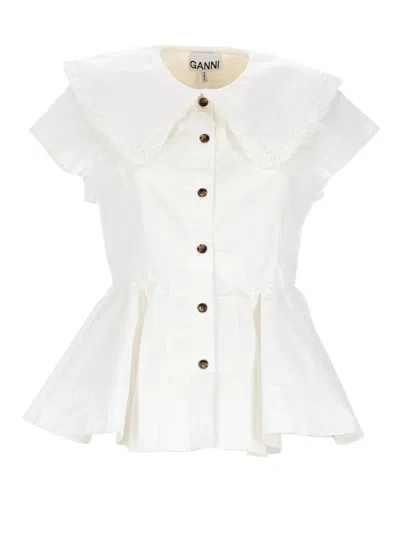 Ganni Peplum Top Short Sleeves Ruffled Collar In Neutral