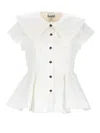 Ganni Peplum Top Short Sleeves Ruffled Collar In White