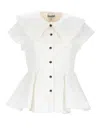 Ganni Peplum Top Short Sleeves Ruffled Collar In White