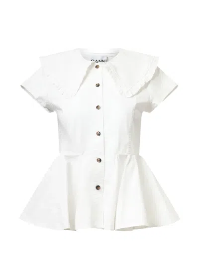 Ganni Peplum Top Short Sleeves Ruffled Collar In Neutral