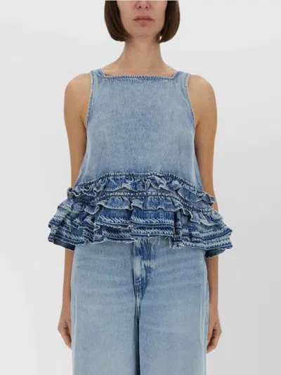 Ganni Ruffle Strap Back Sleeveless Top In Blue