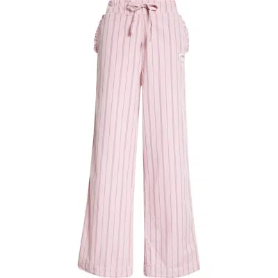 Ganni Ruffle Trim Stripe Organic Cotton Pants In Lilac Sachet