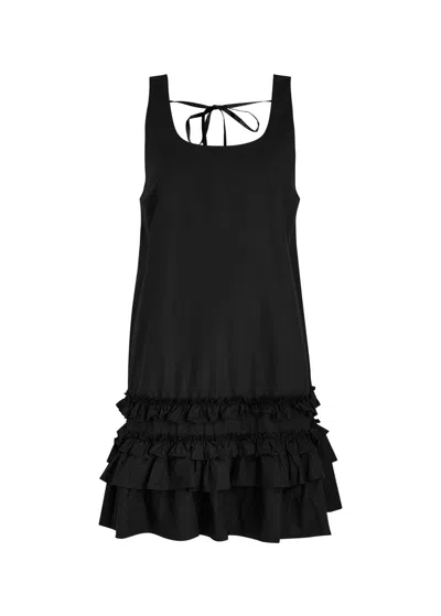 Ganni Ruffle Sleeveless Square Neck Mini Dress In Black