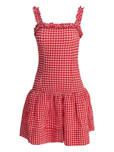 GANNI RUFFLE-TRIMMED GINGHAM MINI DRESS