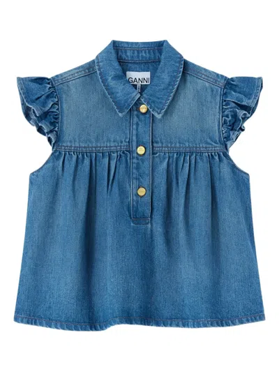 Ganni Denim Shirt Top Collared Neck Ruffle Sleeves In Blue