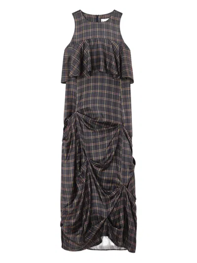 Ganni Ruffled Checked Midi Dress In Gray