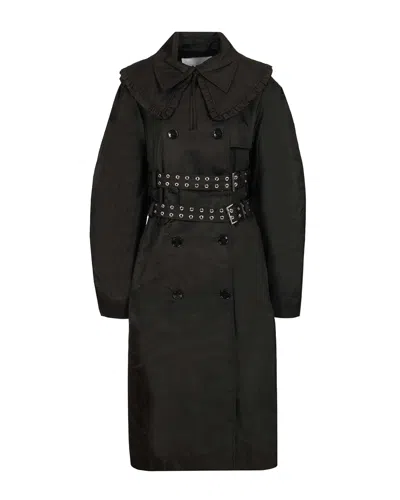 Ganni Ruffled Collar Double-breasted Trench Coat In Black