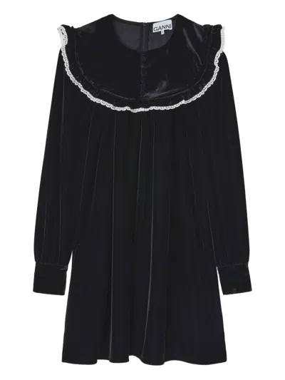 Ganni Ruffled Collar Mini Dress In Black