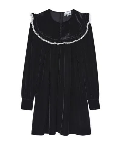 Ganni Stretch Velvet Jersey Collar Mini Dress In Black