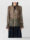 Ganni Ruffled Collar Sheer Animal Print Shirt