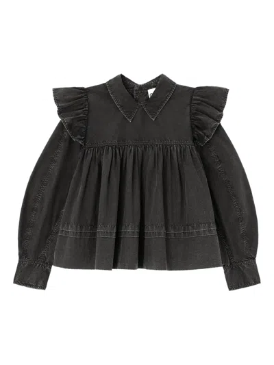 Ganni Washed Blouse Frill Shoulders Pleated Front In Black