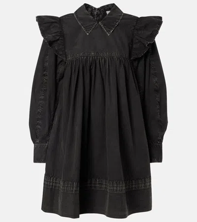 Ganni Mini Shirt Dress Button Detail Gathered Waist In Black