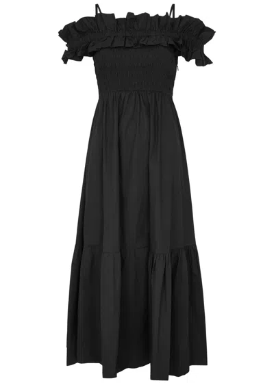 Ganni Smocked A-line Cotton Poplin Midi Dress In Black