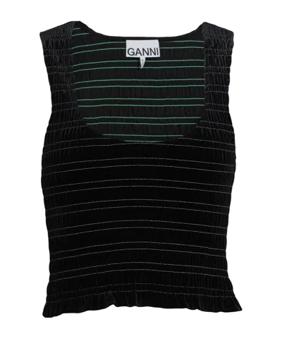 Ganni Ruffled Crew Neck Tank Top In Black