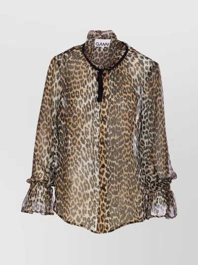 GANNI RUFFLED CUFFS HIGH NECK ANIMAL PRINT TOP