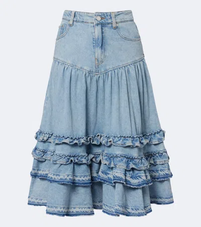 Ganni Denim Midi Skirt High Waist Frill In Blue
