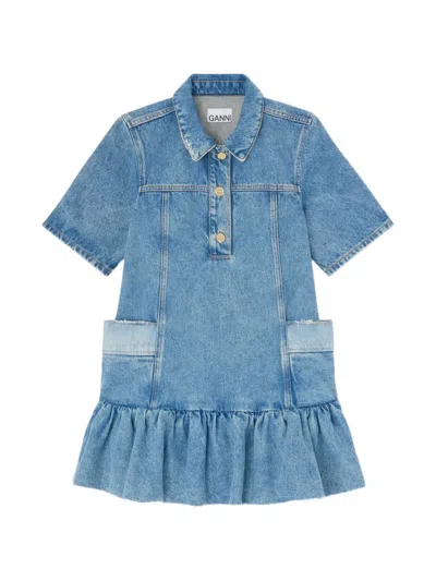 Ganni Ruffled Denim Mini Dress In Blue