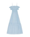 Ganni Seersucker Check Smocked Maxi Dress In Blue