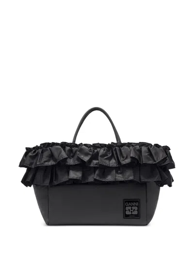 Ganni Ruffled-detail Shoulder Bag In Black
