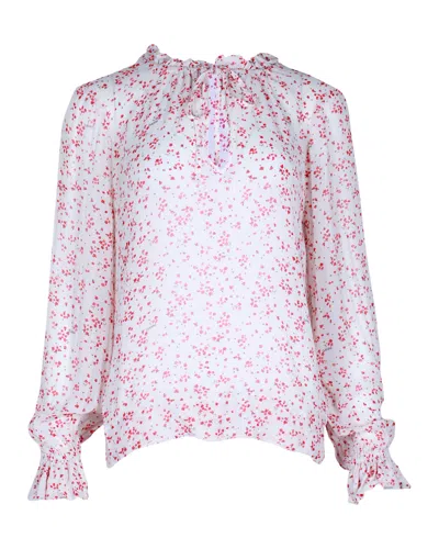 Ganni Ruffled Floral-print Blouse In White Viscose