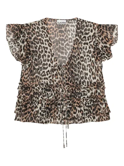 Ganni Ruffled Leopard-print Blouse In Animal Print