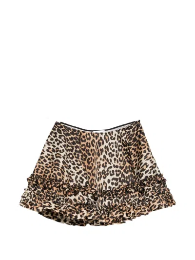 Ganni Leopard Duchesse Nylon Mini Frill Skirts Brown In Animal Print