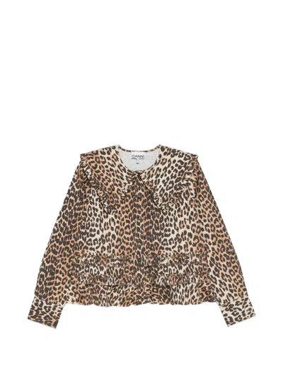 Ganni Organic Cotton Shirt Long Sleeves Leopard In Multi