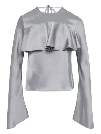 Ganni Double Viscose Satin Long Sleeve Ruffle Top In Gray