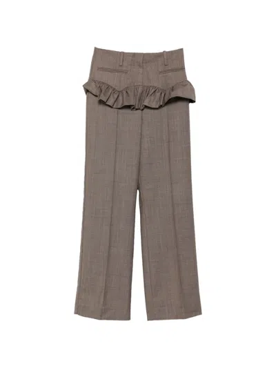 Ganni Ruffled Melange Trousers In Brown