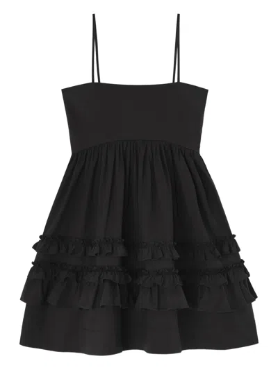 Ganni Stretch Cotton Mini Strap Dress W. Frills Dresses Black In Brown