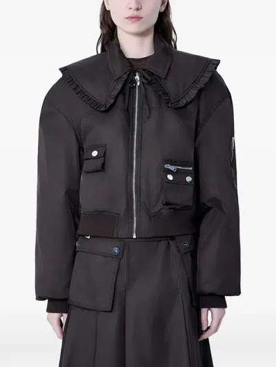 Ganni Ruffled Multiple Pockets Jacket In Brown