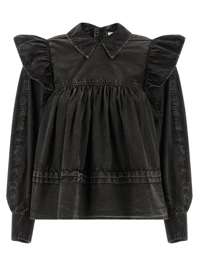 Ganni Ruffled Organic Cotton Blouse In Black
