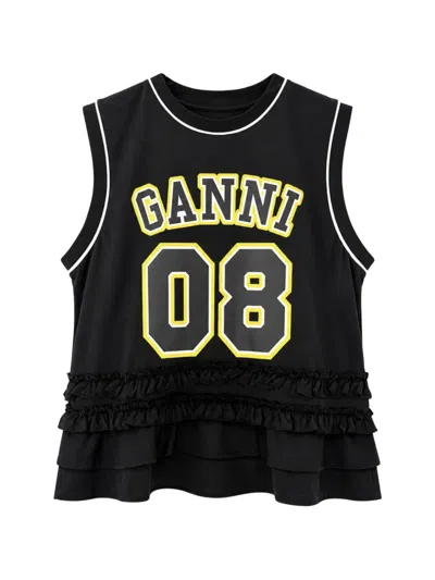 Ganni Cycora Oversized Tank Top With Ruffled Hem In Black