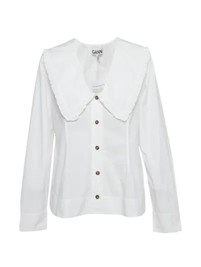 Pre-owned Ganni Ruffled Oversized-collar Shirt In White