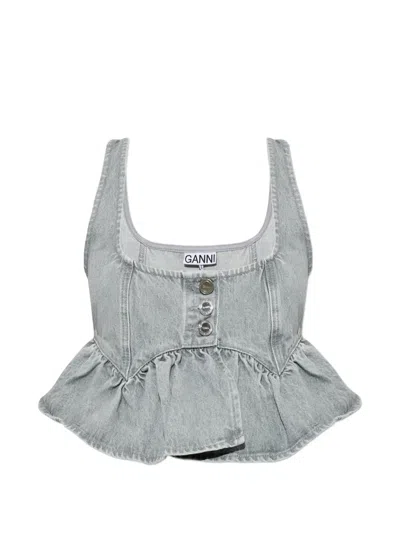 Ganni Ruffled Peplum Blouse In 그레이