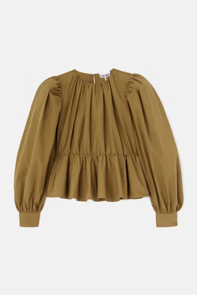 Ganni Ruffled Pope-line Peplum Blouse In Green