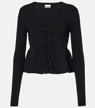 GANNI RUFFLED RIBBED-KNIT TOP