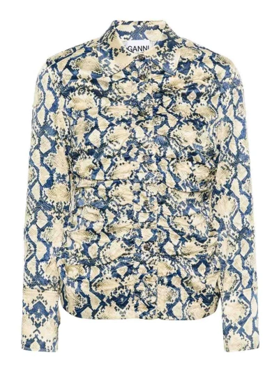 Ganni Fitted Button-front Crinkled Satin Shirt In Multi