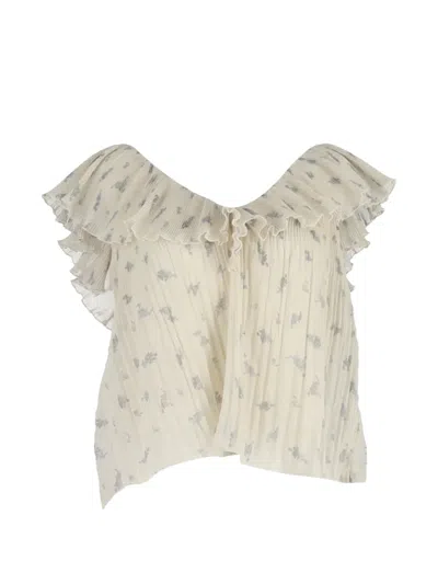 Pre-owned Ganni Ruffled-sleeves V-neck Blouse In Neutral