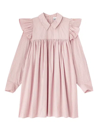 Ganni Striped Dress Buttoned Cuffs Ruffled Shoulders In Pink