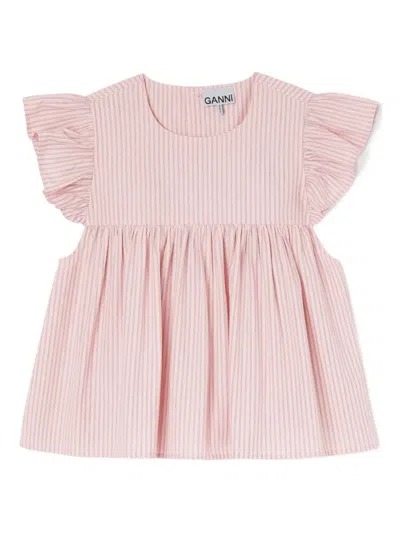 Ganni Ruffled Striped Top In Pink