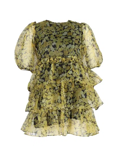 Pre-owned Ganni Ruffled Tiered Floral-print Mini Dress In Yellow