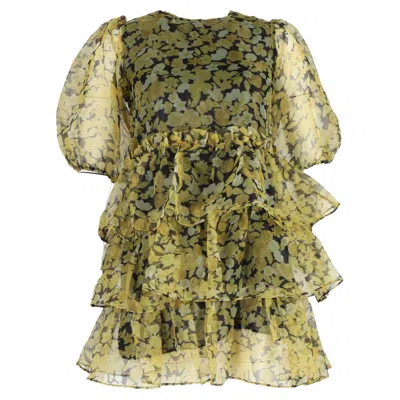 Ganni Ruffled Tiered Floral-print Organza Mini Dress In Yellow Polyester