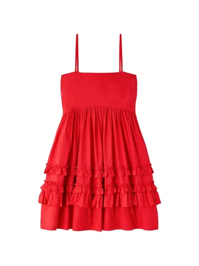 Ganni Ruffled Cotton Poplin Minidress In Red