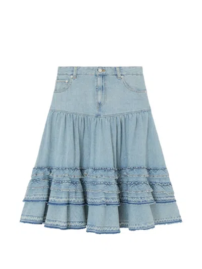 Ganni Ruffled Tiered-hem Midi Skirt In Blue
